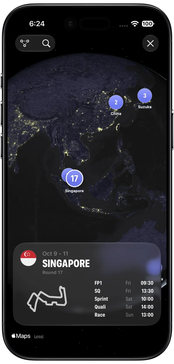 Push Push globe schedule with Singapore selected in dark mode, on a Black iPhone Air