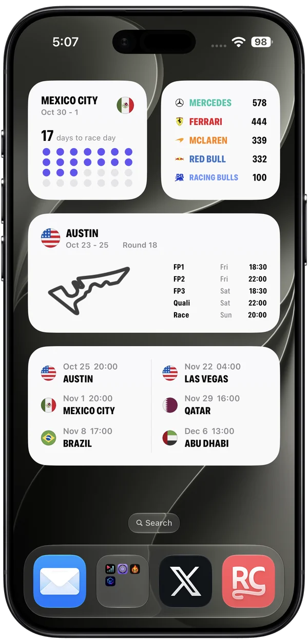 Push Push light-mode Home Screen widgets on a Black iPhone Air: Mexico City countdown, team standings, Austin race weekend, and race schedule